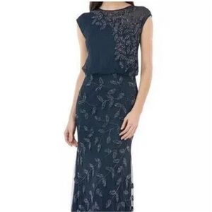 JS Collections Navy Blue Beaded Leaf Chiffon Trumpet Gown Size 14 Orig $298